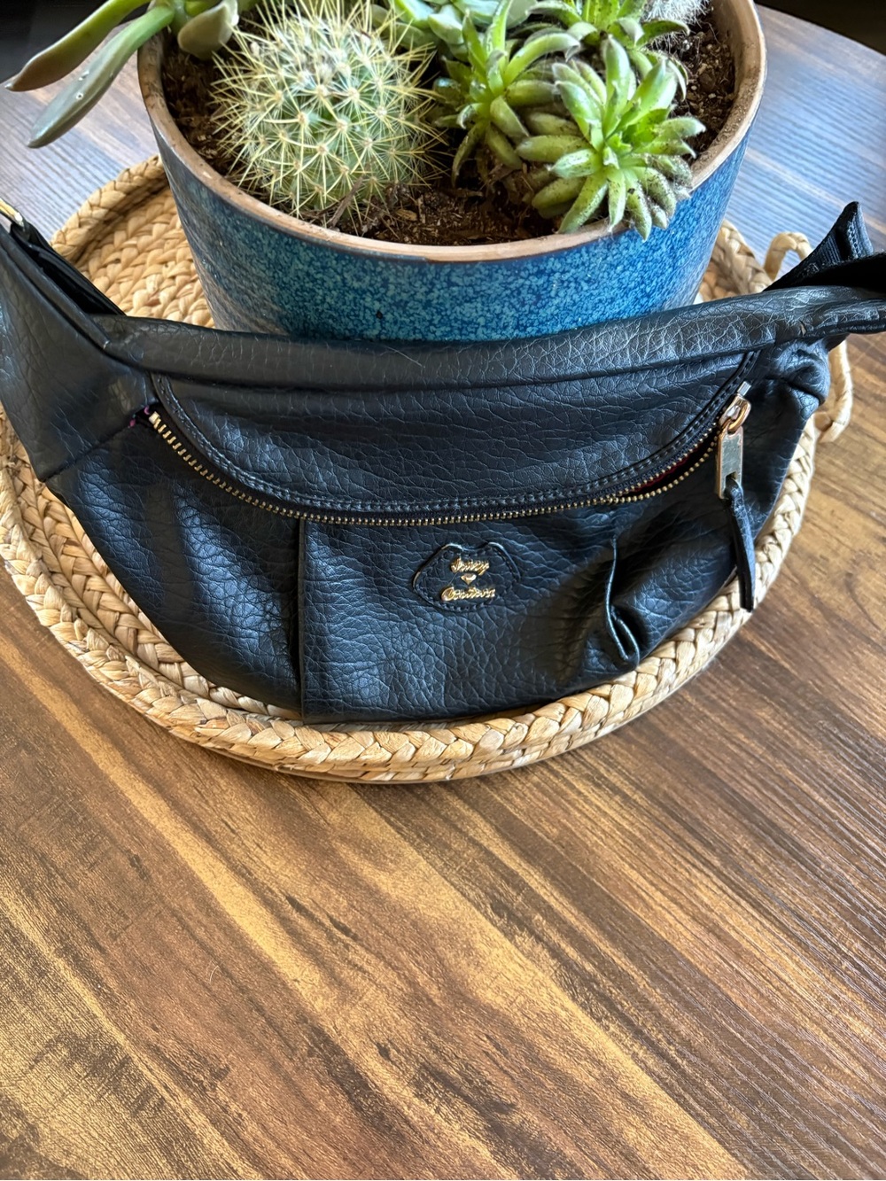 Juicy Couture Black Faux Leather Belt Bag with Pink Lining